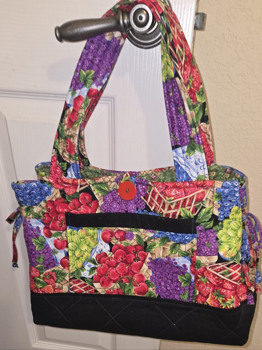 Handmade Quilted Crafters Tote Bag With Vibrant Berry Pattern Floral Interior